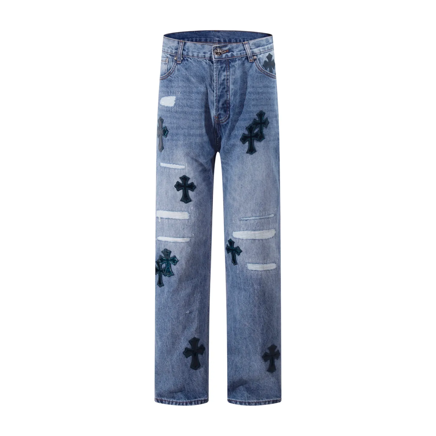 P280 model number: H27 Croxin & 𝐂𝐡𝐫𝐨𝐦𝐞 𝐇𝐞𝐚𝐫𝐭 ss25 blue pants starry sky ripped button jeans. Styles with different wash textures are very friendly to people with thin legs. The slightly flared version perfectly modifies the leg shape. The timeless and moderate length makes it easy to match and match. It is the basis for various styles and is a must-have in your wardrobe! The fabric is stiff but also makes the upper body soft without losing texture. The washing process is even more perfect. It is a must-have item for everyone! ! ! Washed wheat, hang tag, pants label, three labels complete Color: blue Size: 28-30-32-34-36